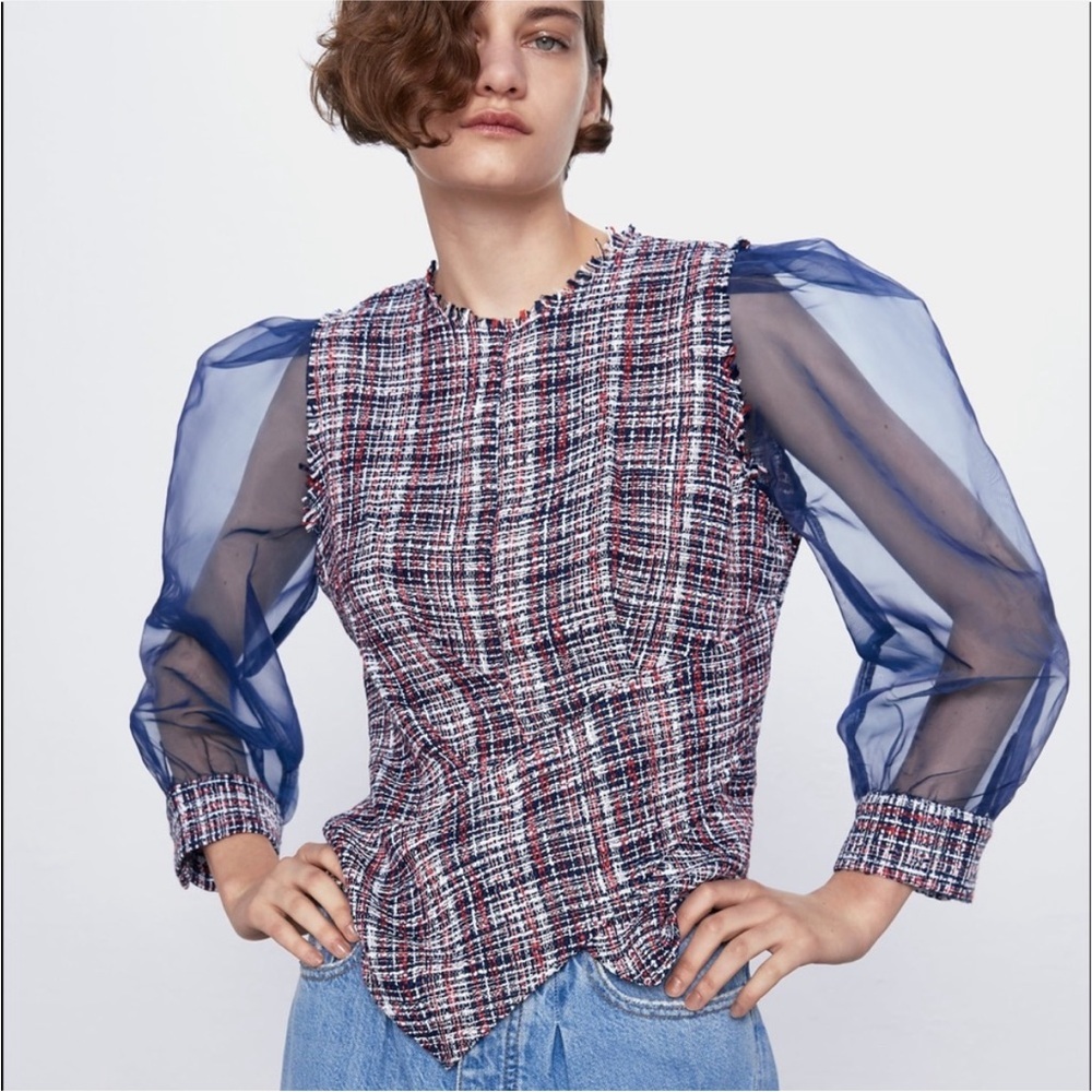 Zara Organza Tweed Asymmetrical Sheer Sleeves Blue Red Chic Top size XS